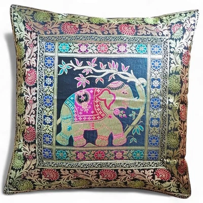 Indian Brocade Elephant Cushion Cover – Decorative Silk Throw Pillow Case, 16x16 - Image 1 of 4