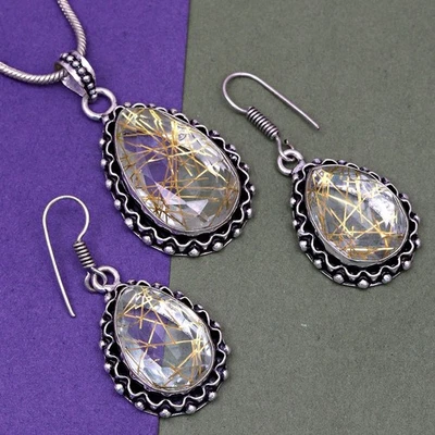 Conjunto de pendientes de oro rutilo joyería 18-20"" colgante cuarzo esterlina Foto 1 de 4