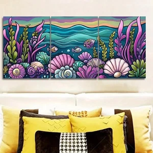 3pcs Colorful Underwater Scene with Seashells Wall Art Canvas Framed 50x70cm - Picture 1 of 2