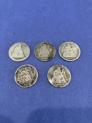 Lot of 5 Seated Liberty Dimes | Ungraded |  1891 S, (2) 1891, 1890, 1877 - Image 1 of 2