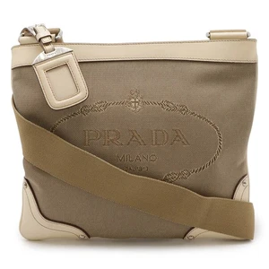 PRADA Shoulder Bag Pochette Canvas Leather Khaki Beige Ivory Boutique Purchase - Picture 1 of 9
