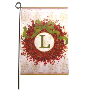 Evergreen Berry Wreath Monogram L Garden Flag 12.5" x 18" Stand Included NIP - Picture 1 of 7