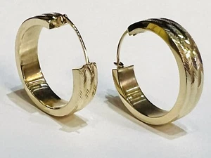 14K Solid Yellow Gold Textured Wide 6MM Hoop Earrings…Large - Picture 1 of 12