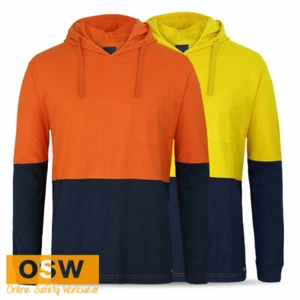 Hi Vis Men Ladies Safety Work Long Sleeve 100% Cotton Tee T-shirt with Hood - Picture 1 of 6