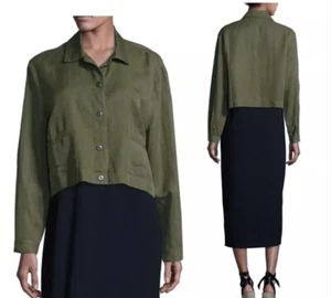 Eileen Fisher Jacket XL Green Cropped Lightweight Button Down Tencel Linen - Picture 1 of 10