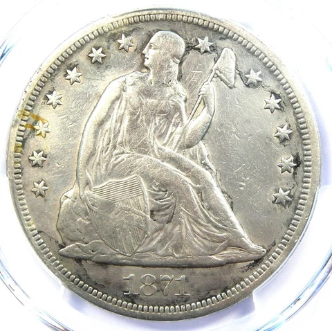 1871 Seated Liberty Silver Dollar $1. Certified PCGS VF Detail - Rare Early Coin Cover