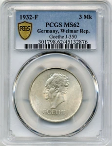 1932-F 3 Reichsmark Germany - Weimar Goethe - PCGS MS62 - Picture 1 of 3