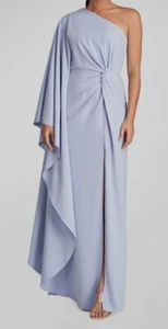 $475 Halston Women's Blue Draped One-Shoulder Le-Slit Crepe Gown Dress Size 4 - Picture 1 of 4