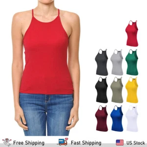 FashionMille Women Basic Active High Neck Ribbed Camisole Tank Top - Picture 1 of 17