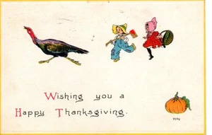Alte Postkarte 1915 Post Newark NJ Thanksgiving Wunsch Türkei von Kindern gejagt - Bild 1 von 2