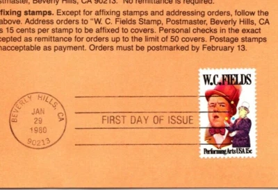 USPS FDC First Day Cover Souvenir Sheet W.C. Fields Scott #1803 - Image 1 of 2