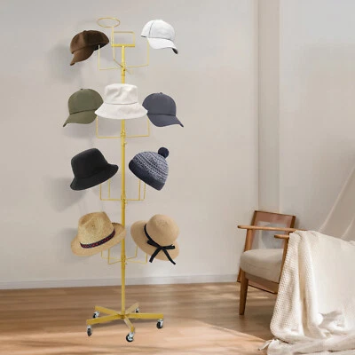 Soporte de exhibición independiente para sombreros móviles de 16 ganchos, de pie, dorado Foto 1 de 4