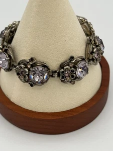 Vintage Signed HOLLYCRAFT 1954 Pink and Lavender Rhinestone Floral Bracelet - Picture 1 of 15