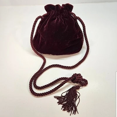 VINTAGE Burgundy Red Velvet Drawstring Close Tassel Detail Bag Sack Renaissance - Image 1 of 4