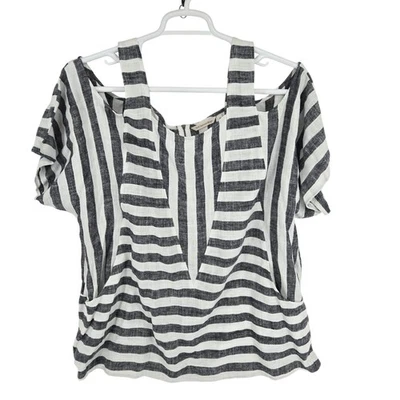 Camisa Soft Surroundings Mujer 2X Negro Blanco Rayas Mezcla de Lino Túnica Bolsillos Foto 1 de 4