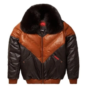 Men's Leather Puffer Jacket Dual-Tone w/Real Fox Fur Collar Lambskin Bomber Coat - Picture 1 of 19