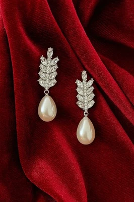 Anthropologie Flower Wedding Pearl Earrings CZ Silver Wheat Petal Branch Leaf  - Image 1 of 4
