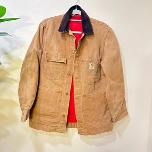 Cappotto vintage anni 80 Carhartt rosso trapuntato foderato Chore marrone tela velluto a coste colletto USA M - Foto 1 di 8
