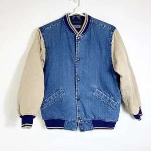 Vintage 90s Lands End Denim Varsity Bomber Jacket Boys Medium 10/12 - Picture 1 of 3