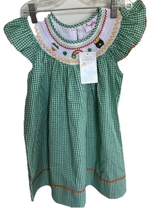 Angeline Kids:  St. Patrick Smocked Dress Green White Checked Rick Rack Trim - Picture 1 of 6