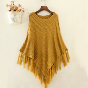 Donna Solido Maglia Uncinetto Mantella Poncho Scialle con Nappa Spesso Elegante - Foto 1 di 16