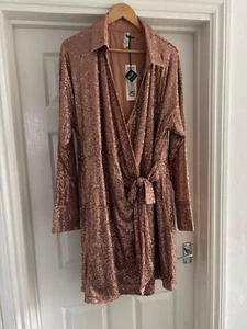 Ladies River Island Rose Gold Sequin Embellished Shirt Dress Size 24 BNT RRP £90 - Picture 1 of 14