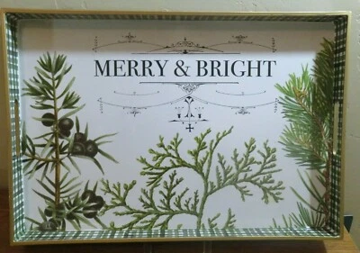 Large Lacquer Winter Holiday TRAY "MERRY & BRIGHT" Evergreens 12x 18 - Image 1 of 4