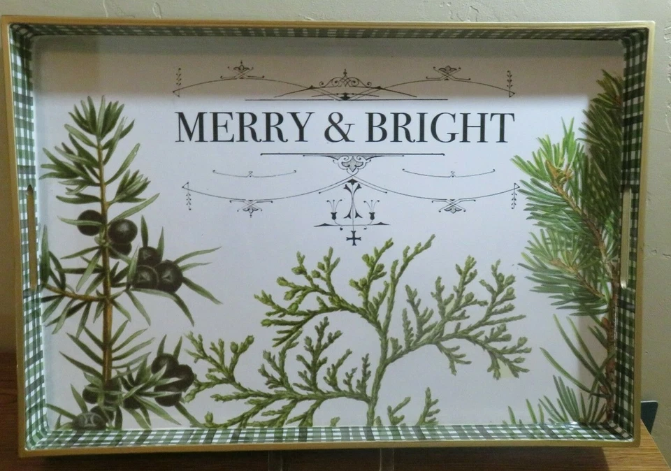 Large Lacquer Winter Holiday TRAY "MERRY & BRIGHT" Evergreens 12x 18 - Image 1 of 4