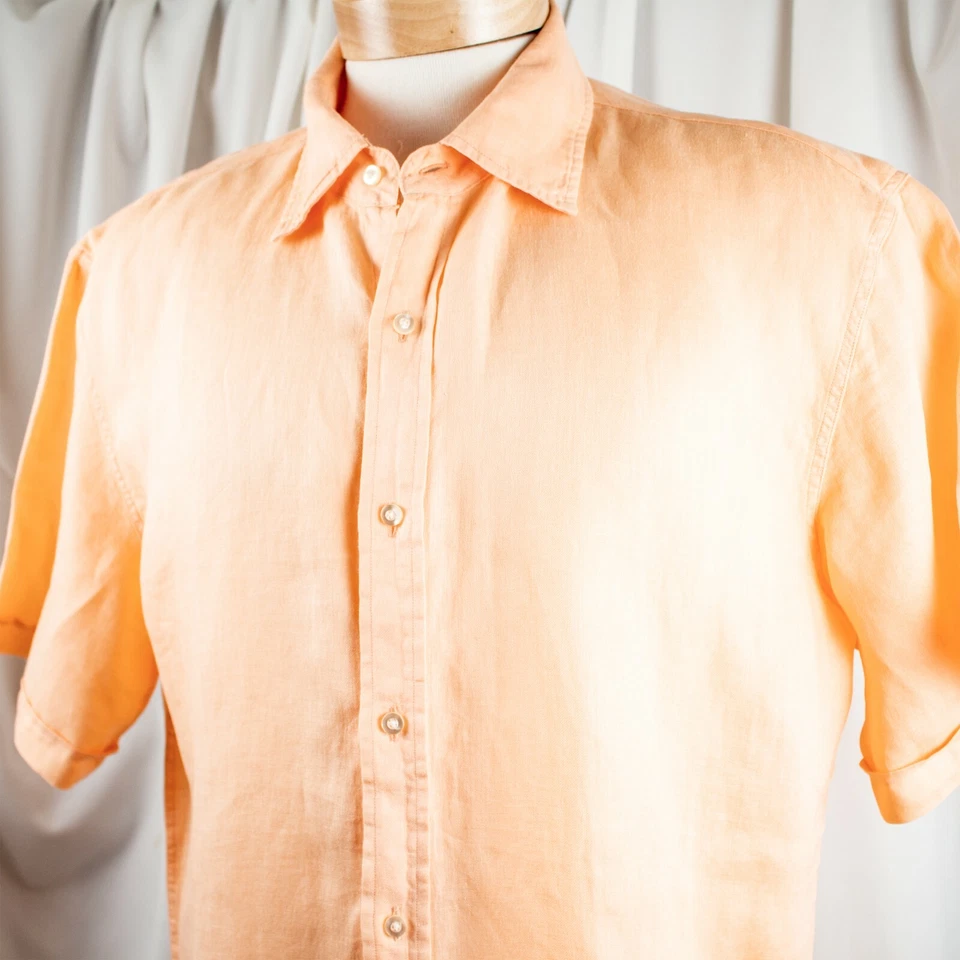 NEIMAN MARCUS New Orange Peach Solid Linen Men Short Sleeve Shirt Size XL - Image 1 of 4