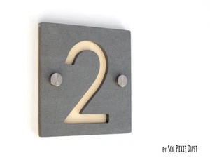 Modern House Numbers, One Number Square Concrete with Beige Acrylic - Picture 1 of 7