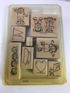 1999 Stampin Up Kids At Play 9 Piece Wooden Rubber Stamp Set