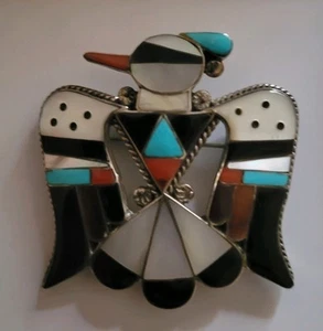 Signierte Zuni B & C Shack Sterlingsilber Multi Stein Donnervogel Anstecknadel/Anhänger - Bild 1 von 4