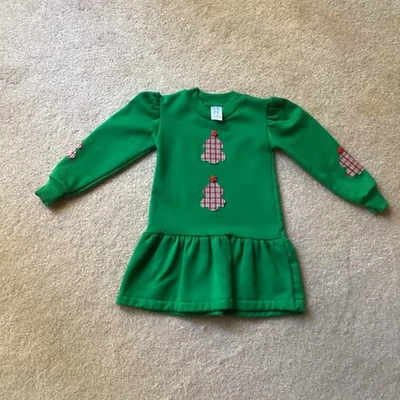 RABBIT SKINS GIRLS 2 VINTAGE HOILDAY DRESS, LONG SLEEVED GREEN, TREES WITH STARS - Image 1 of 3