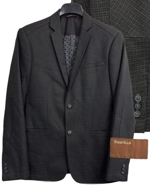 Perry Ellis Linen Blazer Mens 40R Grey Plaid Suit Jacket Sports Coat Elbow Patch - Image 1 of 4