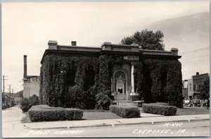 1940s CHEROKEE, Iowa RPPC Photo Postcard "PUBLIC LIBRARY" Building / Street View - Picture 1 of 2