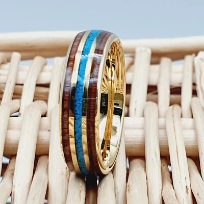 Anillo de compromiso para mujer Koa madera oro tungsteno alianza de boda azul turquesa Foto 1 de 4