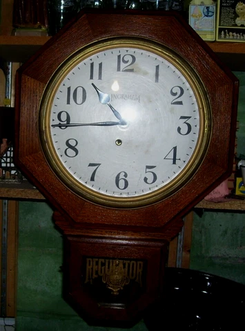 Antique Ingraham Regulator 12in Drop Octagon Oak Carved School Wall Clock WORKS Cover