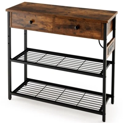 Entryway Storage Table Narrow Console Table w/2Drawers and 2 Metal Mesh Shelves - Image 1 of 4