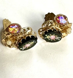 VTG Pietra Dura & Art Glass Confetti Easter Egg Flower Earrings Inlaid - Picture 1 of 6