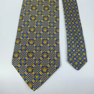 Gianni Versace Silk Tie Gold Medusa Plaid Design Made in Italy - Picture 1 of 8