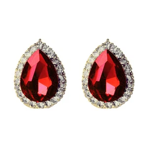 Non-Pierced Gold Plated Red Crystal Large Teardrop Stud Style Clip On Earrings - Picture 1 of 5