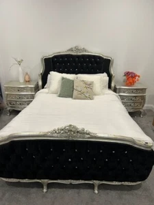 Handcrafted silver and black velvet queen bed - Picture 1 of 1