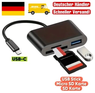 3 in 1 USB C Kartenleser, MicroSD, SD, USB Card Reader, Iphone, Android, Schwarz - Image 1 of 4