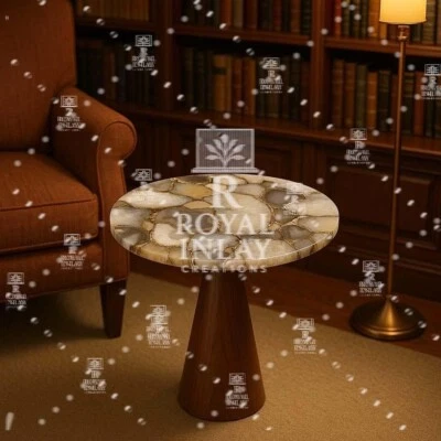 15” Mixed Agate Stone Table – Handmade Round Gemstone Side Table – Luxury Decor - Image 1 of 4