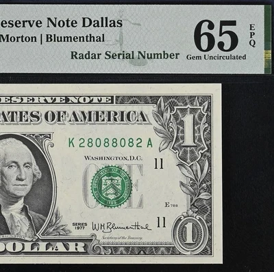 1977 $1 Federal Reserve Note PMG 65EPQ - Fancy Radar Serial Number 28088082 - Image 1 of 3