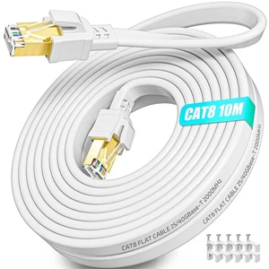 Cat 8 Flat Ethernet Cable 10 m 40 Gbps 2000 MHz – Shielded RJ45, White - Afbeelding 1 van 6