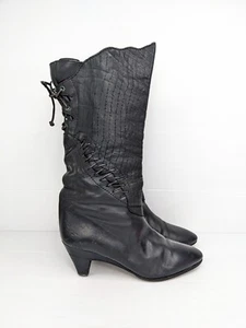 80s Vintage Black Tall Leather boots Size 36.5 Ladies Rock Grunge Punk Laces - Picture 1 of 11