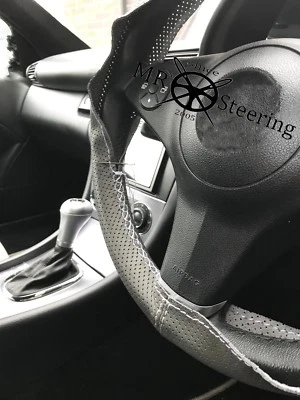 FOR PEUGEOT 308 GREY PERFORATED LEATHER STEERING WHEEL COVER 07+ WHITE DOUBLE ST - Image 1 of 4