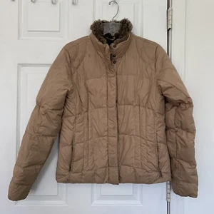 Eddie Bauer Coat Womens Small Tan Jacket Goose Down Brown Full Zip Quilted Stain - Picture 1 of 6