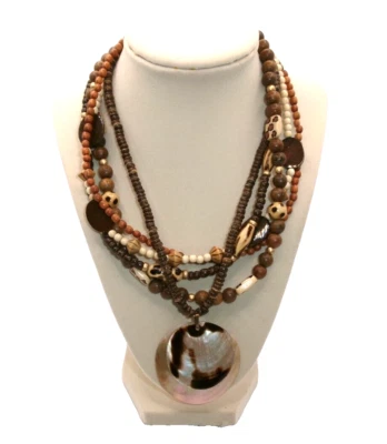 Wood Beads Shell Pendant Necklace 5 Strands Animal Print Mother of Pearl 18" - Image 1 of 4